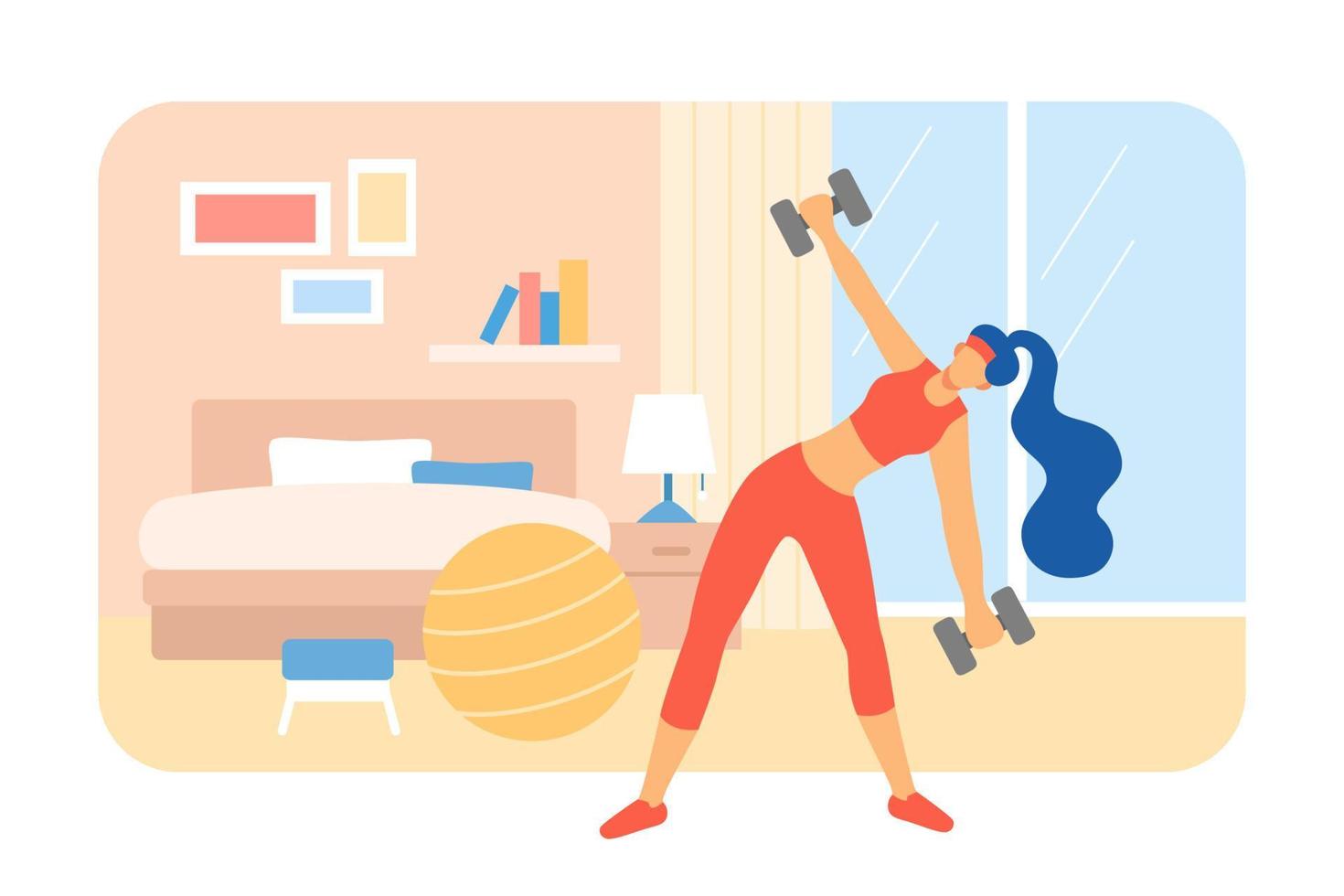 Flat illustration of bedroom dumbbell workout at home. Woman in fitness outfit exercising using dumbbells vector