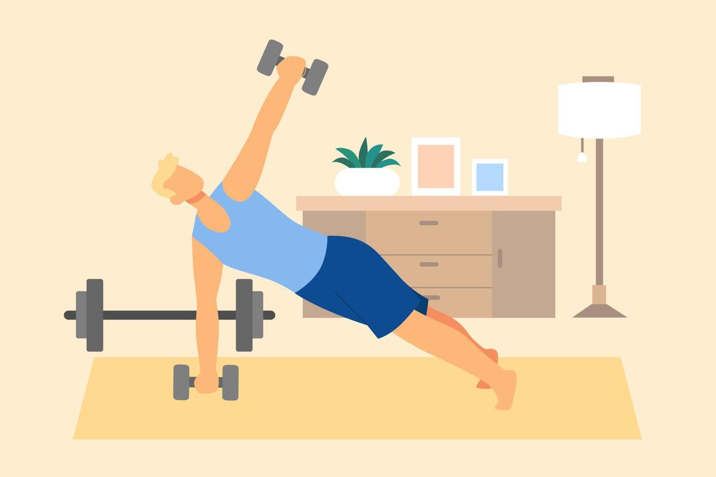 Flat illustration of male in sportswear exercising indoors. A man doing side planks with dumbbells as strength-training workout at home vector