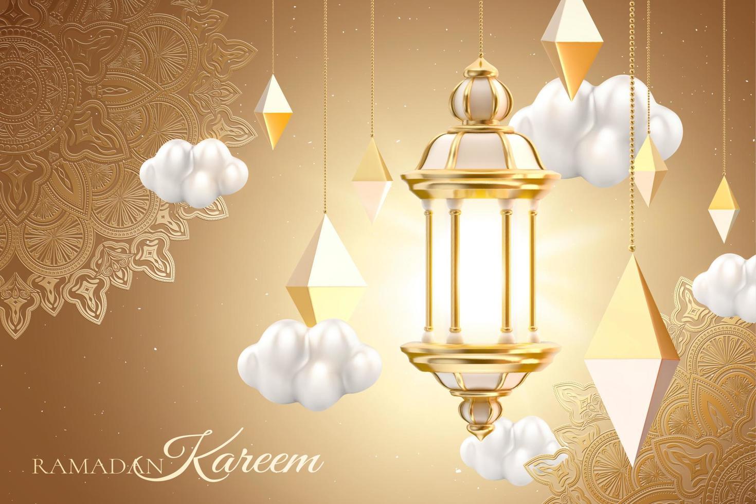 Islamic lantern and cloud set on floral pattern background. 3d Muslim holiday card template suitable for Ramadan, Eid al-Fitr or Hari Raya. vector