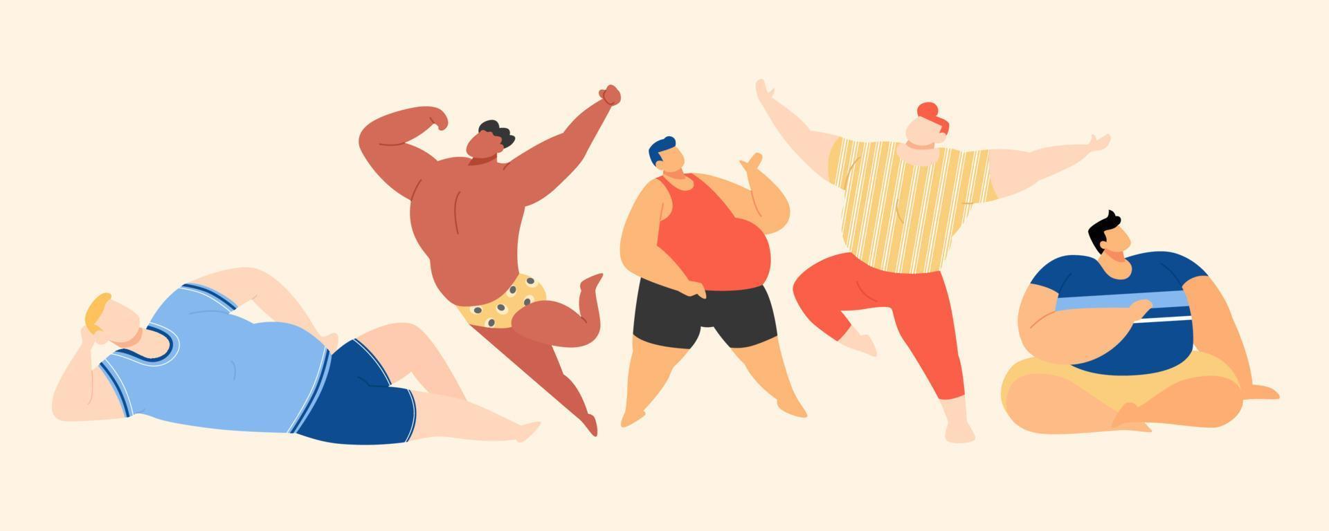 plano ilustración de cuerpo positividad de talla extra hombres. grupo de machos permanecer positivo con cualquiera fuerte o exceso de peso cuerpos vector