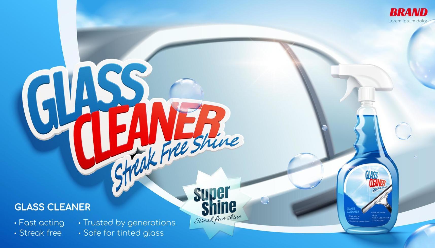 Streak free shine glass cleaner ad banner. 3D illustration of a realistic car in background with cleaner spray bottle package and bubbles flying in the air vector
