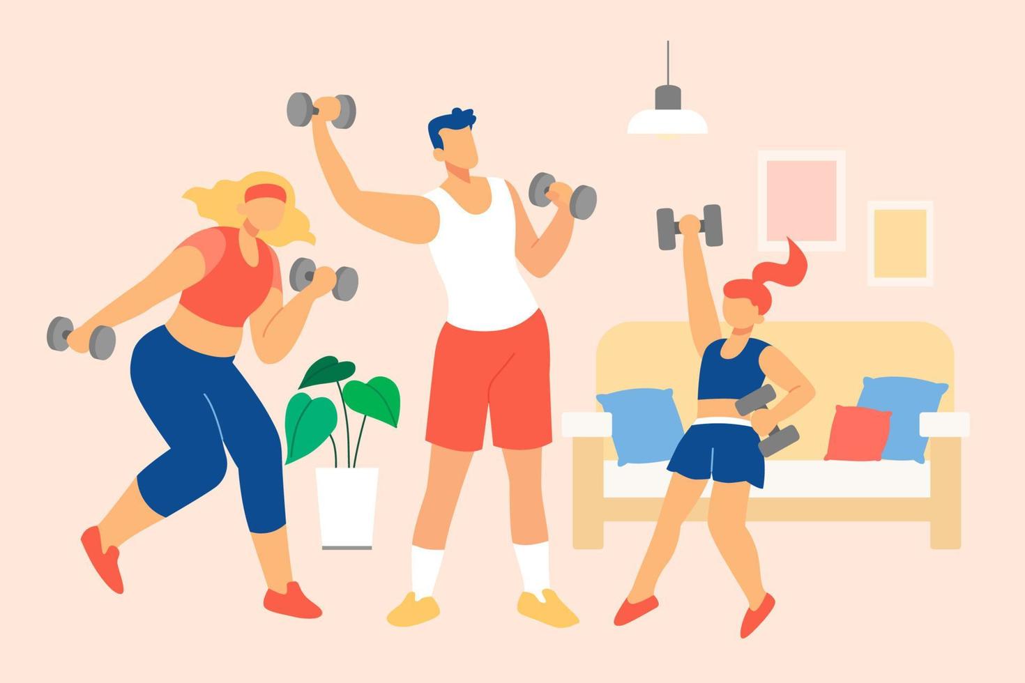 Flat illustration of a family doing workout at home together. A man, woman and girl exercising with dumbbells in living room vector