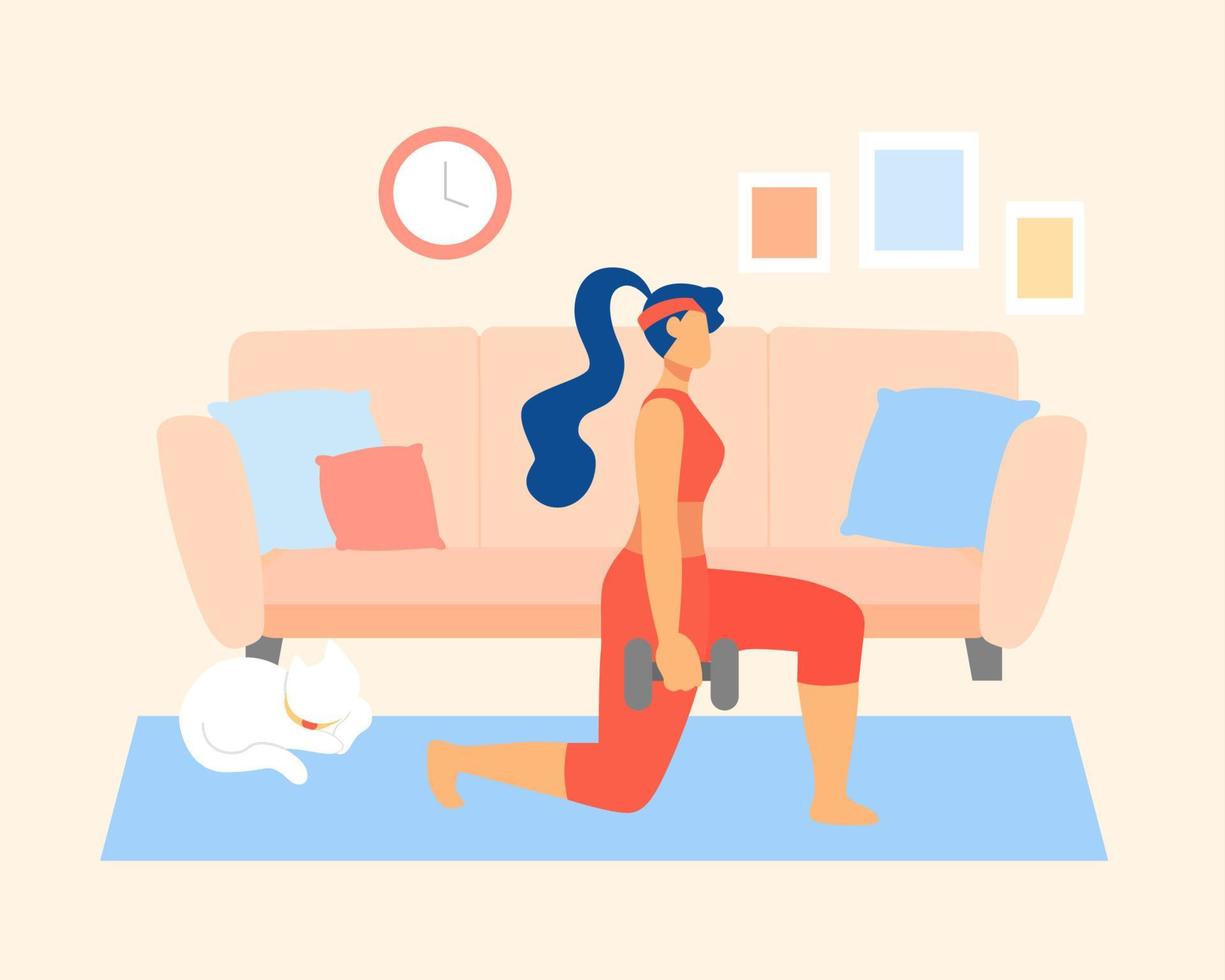 Flat illustration of female working out indoors. Fitness woman using dumbbells to exercise at home vector