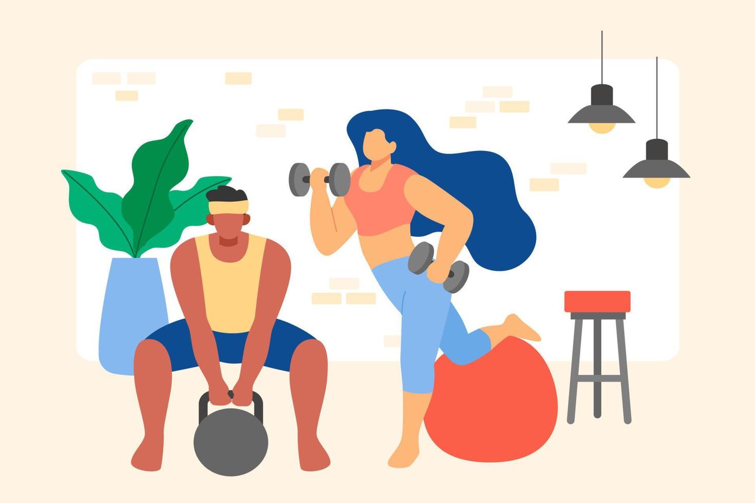 plano ilustración de Pareja trabajando fuera adentro. un hombre y un mujer hacer ejercicio con Deportes equipo a hogar vector