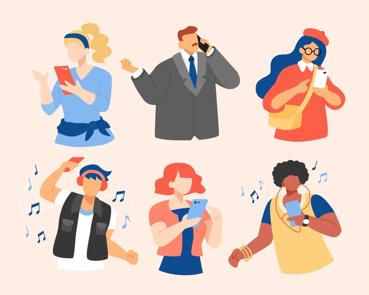 plano estilo ilustración de formas de personas utilizando teléfono inteligente multiétnico personas utilizando móvil teléfono, incluso vocación, mensajería, y escuchando a música vector