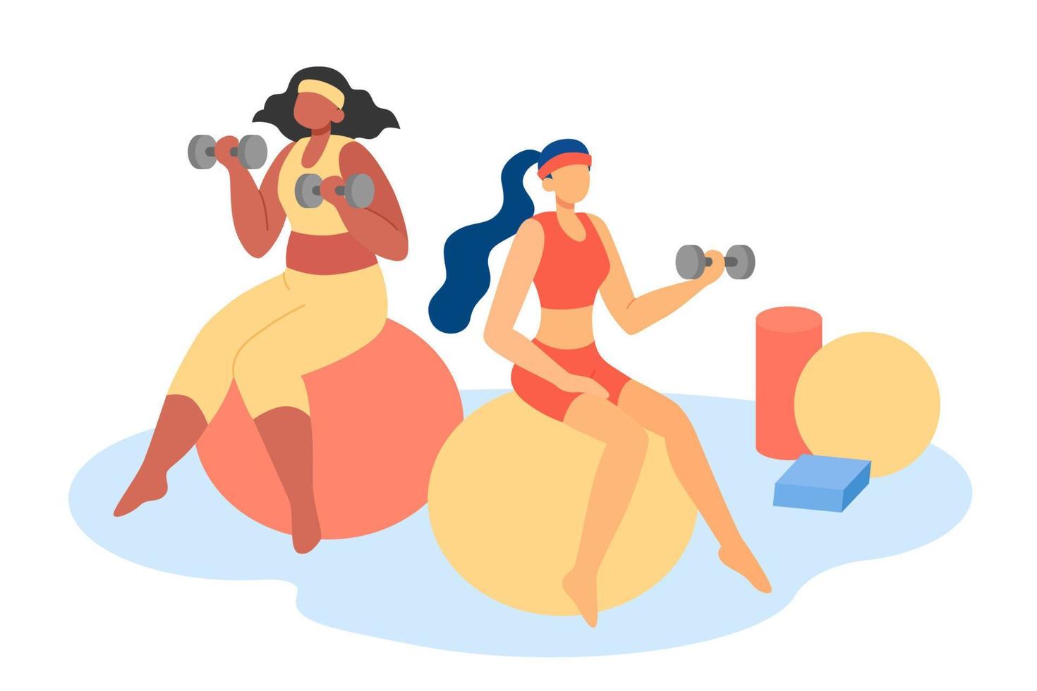 Multiracial female sitting on fitness balls and doing exercise using hand weights. Flat style illustration of women doing weight lifting vector