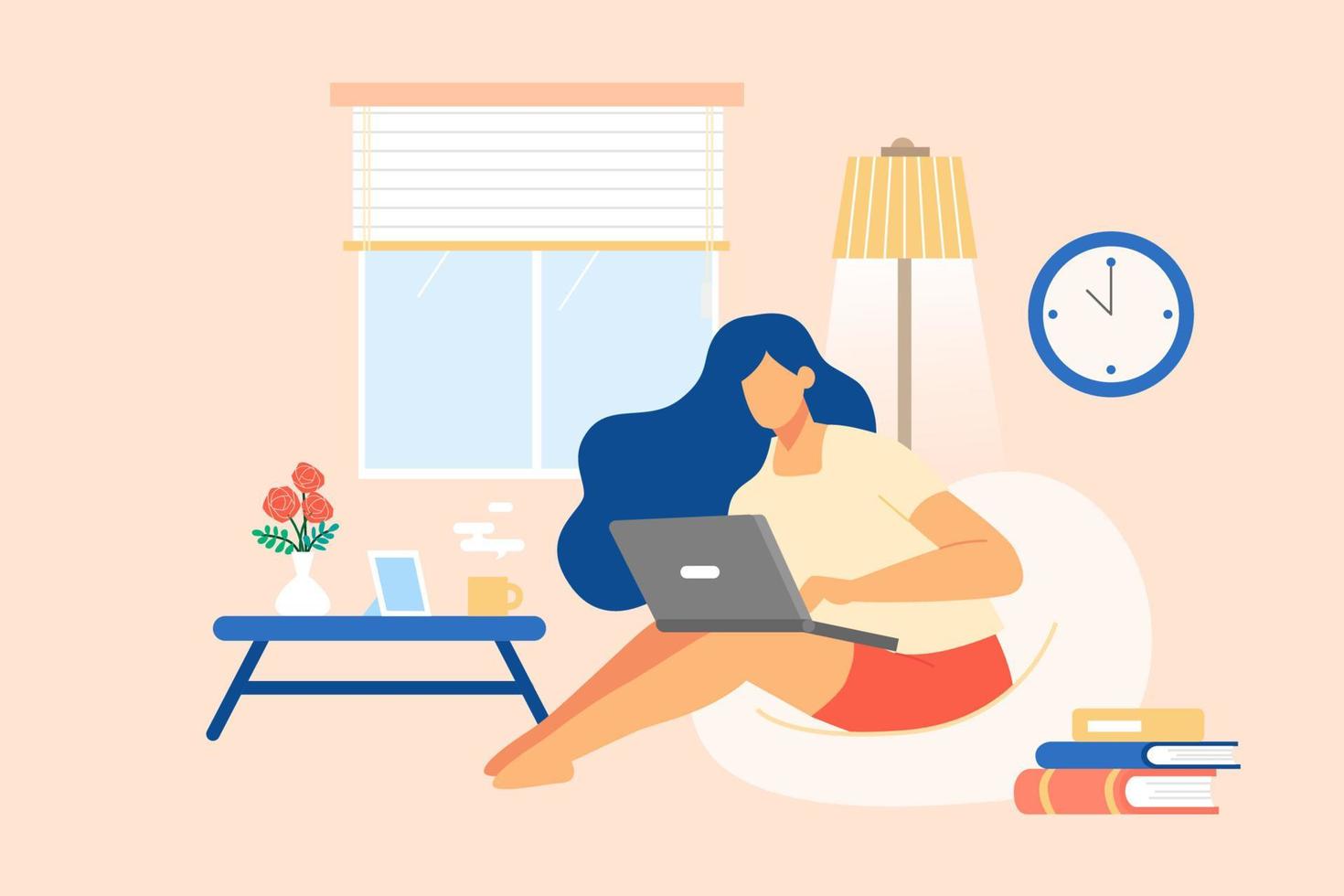 Illustration of a student online learning at home. A female student taking online class on laptop with books on the floor vector