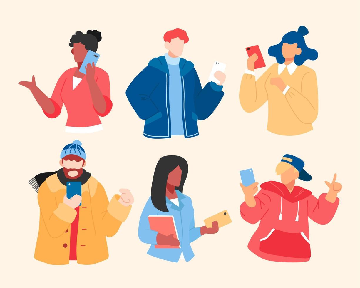 Flat style illustration of ways of people using smartphone. Multiracial young people in winter wear using mobile phone, including calling, messaging, and taking selfie vector