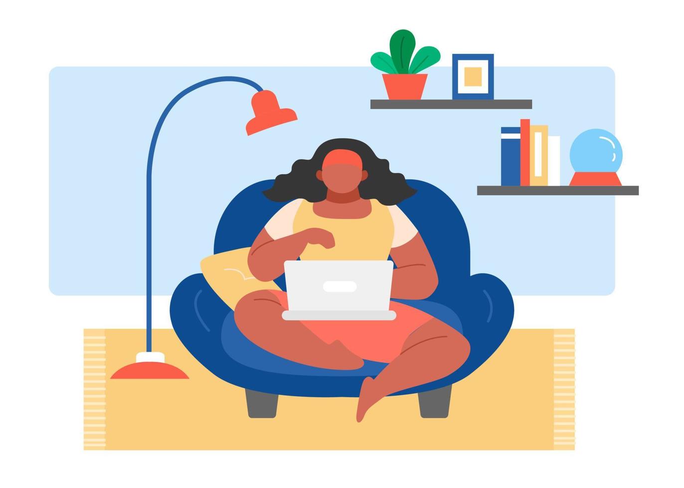 Flat illustration of female worker working from home. African woman using laptop to work remotely vector