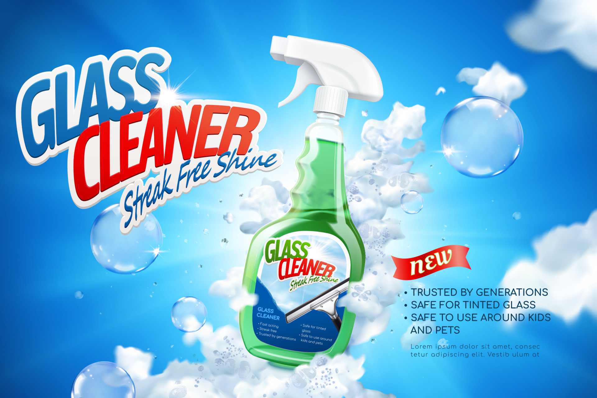 Glass cleaner ad banner in 3D illustration. Spray bottle package in