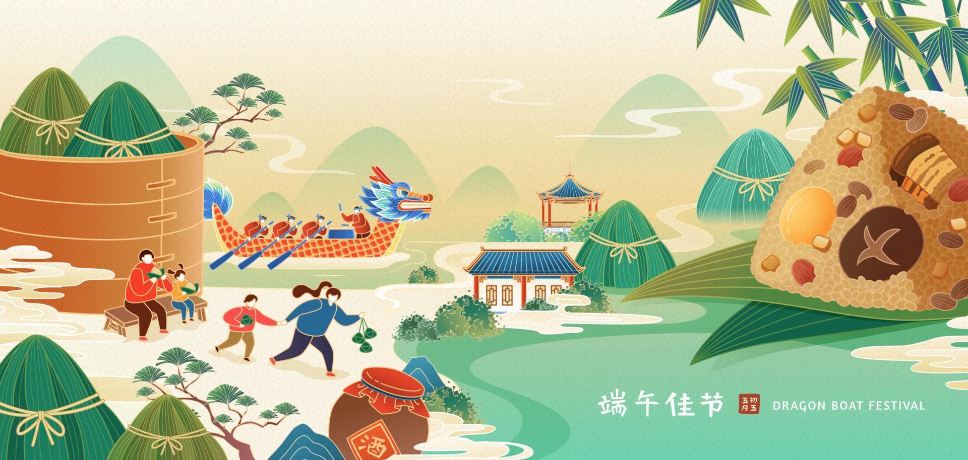 Faceless people enjoying traditional Duanwu activities, such as eating zongzi and rowing dragon boat. Holiday greeting written in Chinese. vector