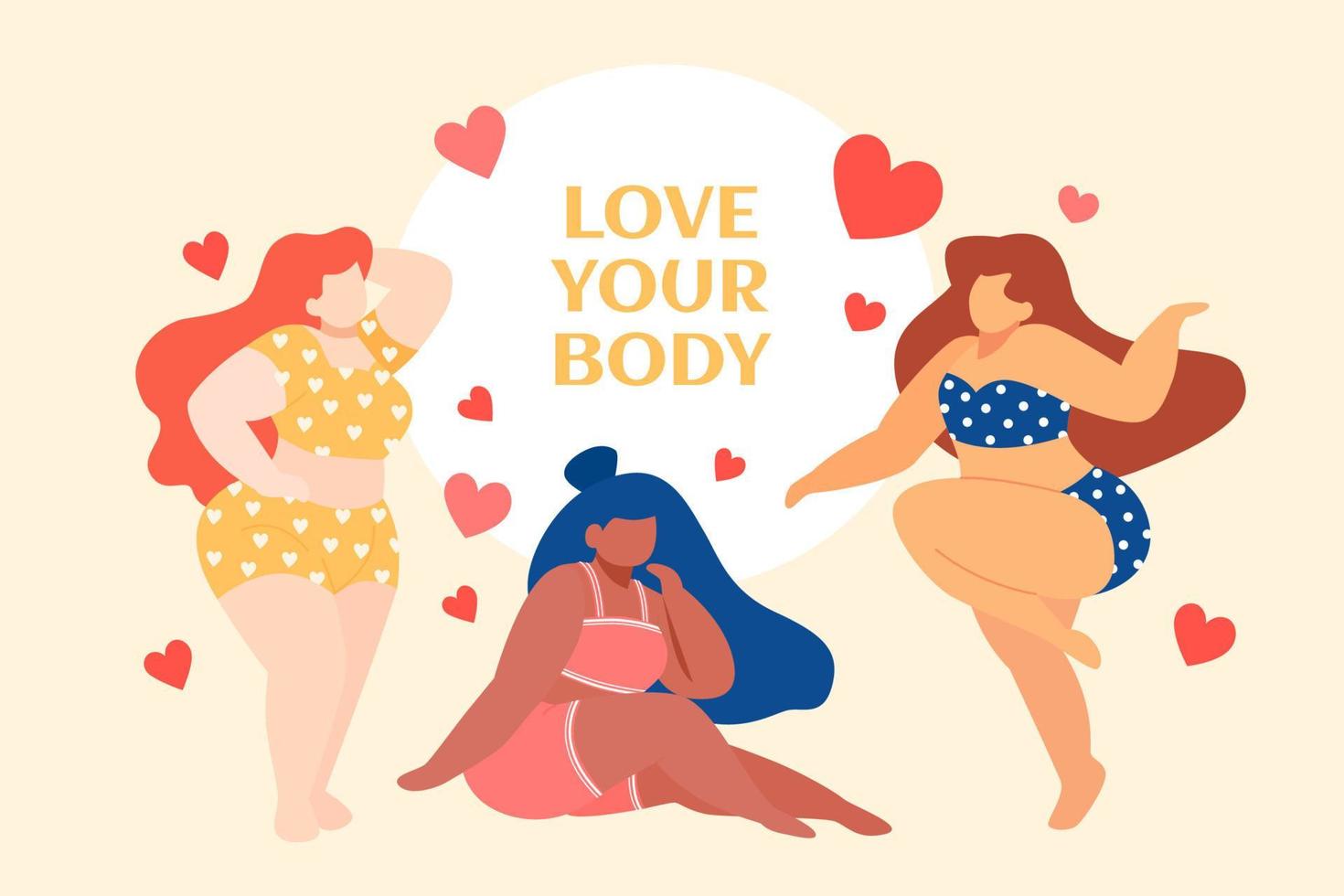 plano ilustración de yo amor de De talla grande mujer. grupo de hembra vistiendo lencería, sostén y bikini con corazón, el concepto de cuerpo positividad vector