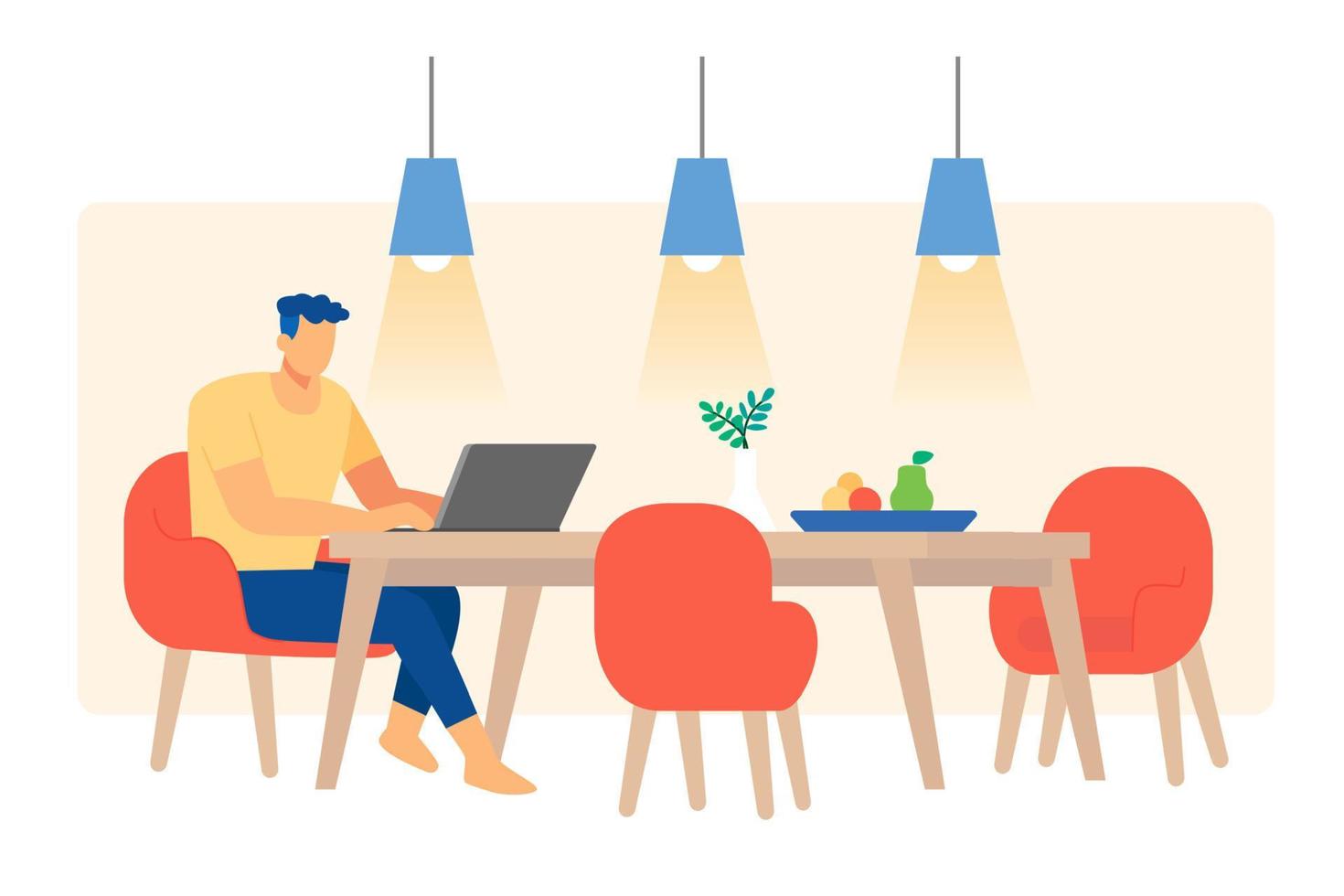 Flat illustration of a male worker working from home. Asian man using laptop to work remotely at his dining room vector