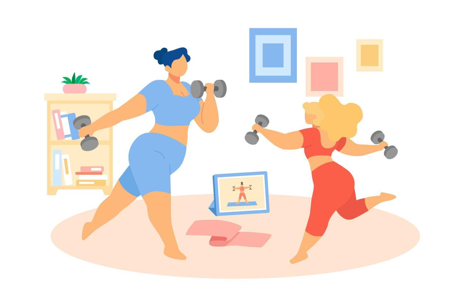 Flat illustration of women following online workout tutorial. Two plus-size female in sportswear watching fitness course on tablet and exercising with weight dumbbells vector