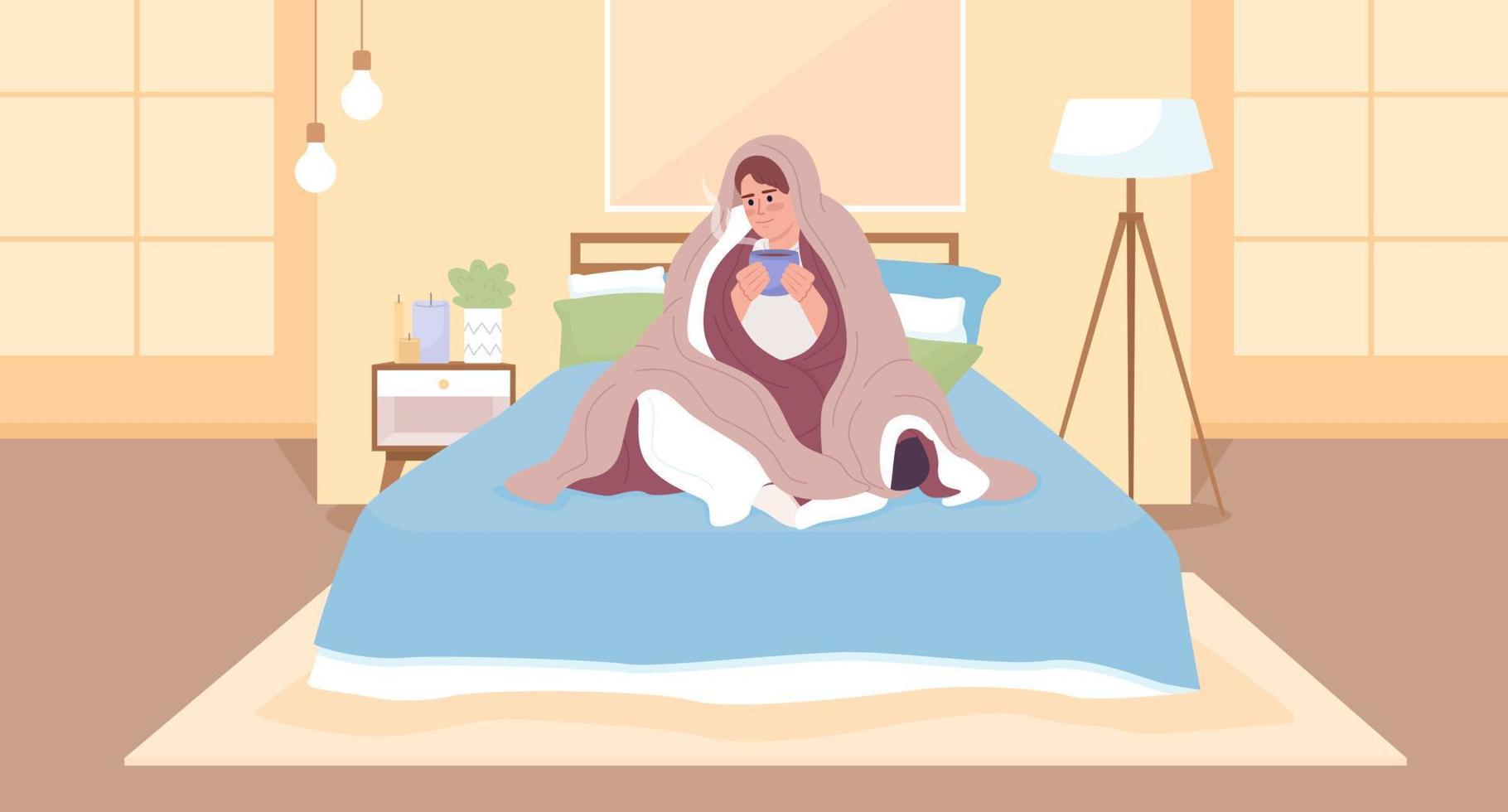 Using more blankets for getting warm in cold weather flat color vector illustration. Save energy. Hero image. Fully editable 2D simple cartoon characters with cozy bedroom interior on background