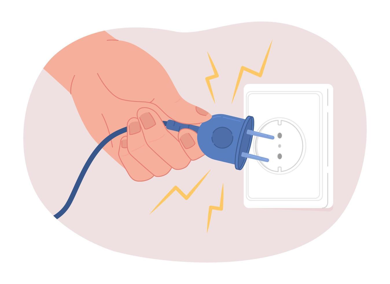 Disconnecting power cord 2D vector isolated spot illustration. Unplugging from outlet to saving energy. Flat character hand on cartoon background. Colorful editable scene for mobile, website, magazine