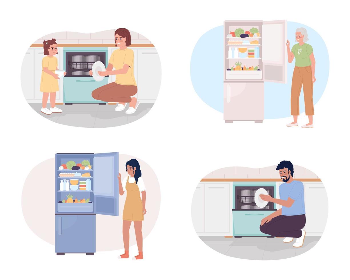 Energy-saving kitchen appliances usage 2D vector isolated spot illustration pack. Electronics. Flat characters on cartoon background. Colorful editable scene set for mobile, website, magazine