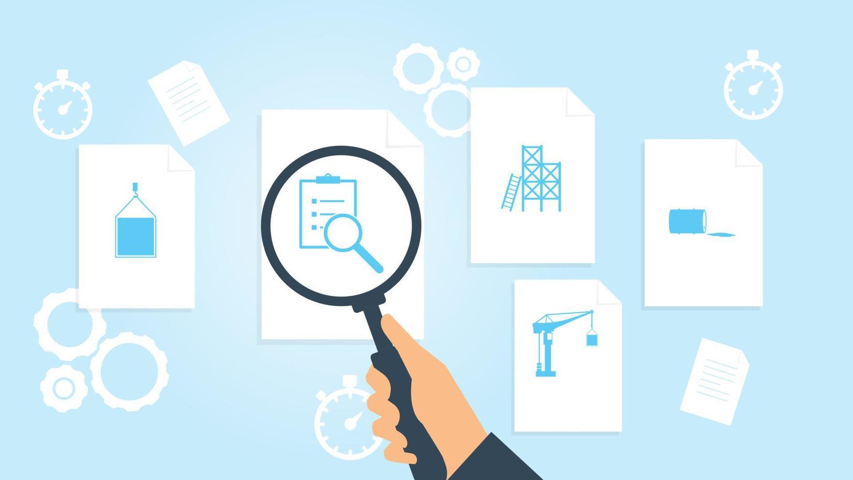 Document with search icons. File and magnifying glass. Analytics research sign. Vector Illustrationdisaster, fuel, oil, accident file, document research vector illustration .