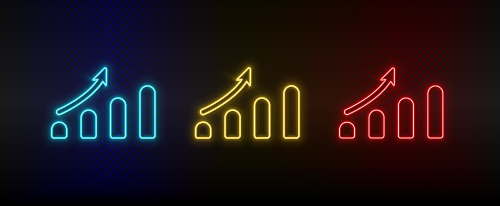 Neon icon set analytics, bar chart. Set of red, blue, yellow neon vector icon on dark transparent background