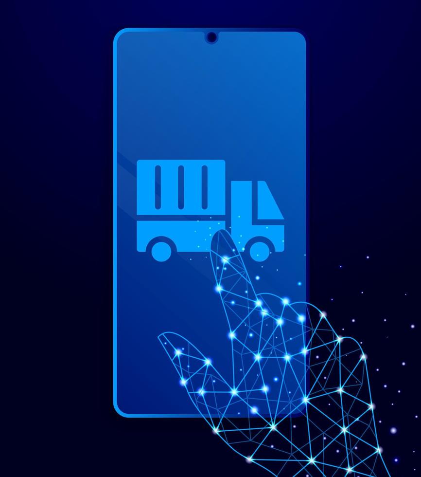 Mass production, delivery truck touch phone. Polygon style touch phone vector illustration