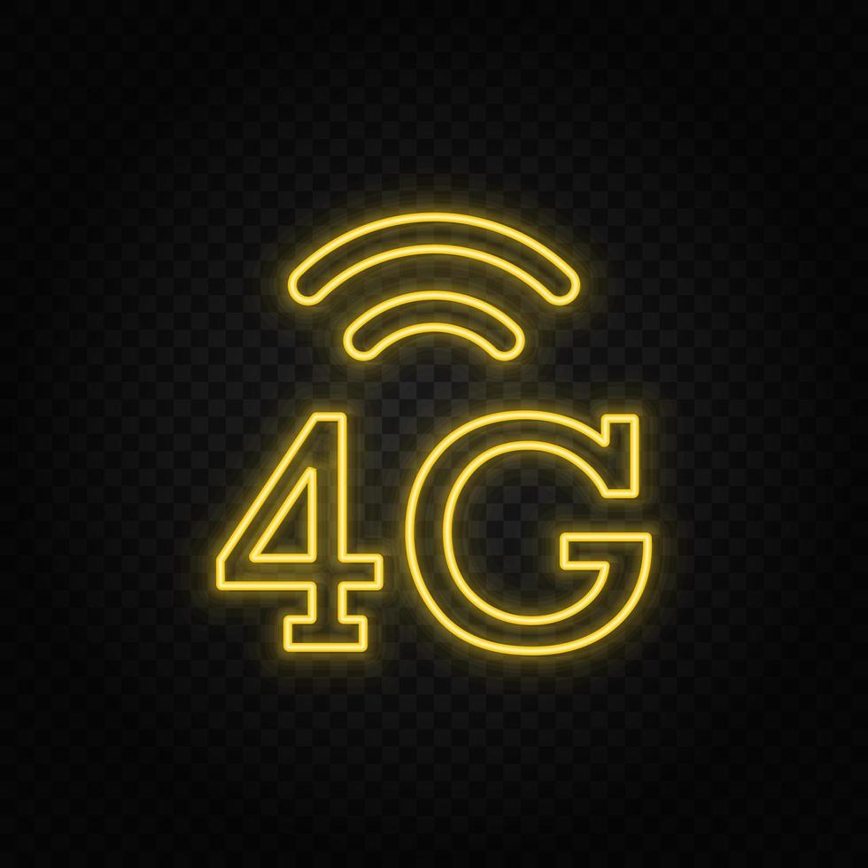 Yellow neon icon 4g, signal. Transparent background. Yellow neon vector icon on dark background