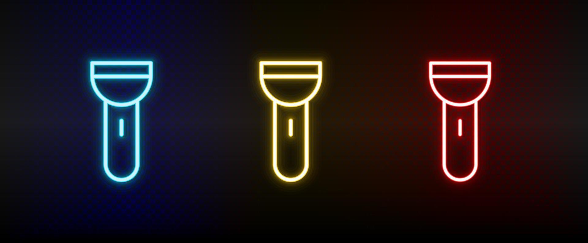 flashlight neon icon set. Set of red, blue, yellow neon vector icon on dark transparent background