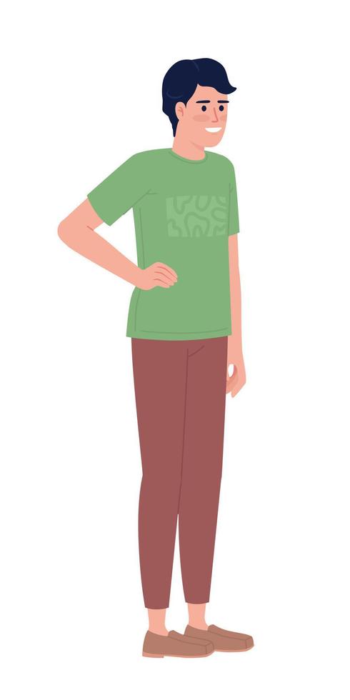Young man posing with hand on hip semi flat color vector character