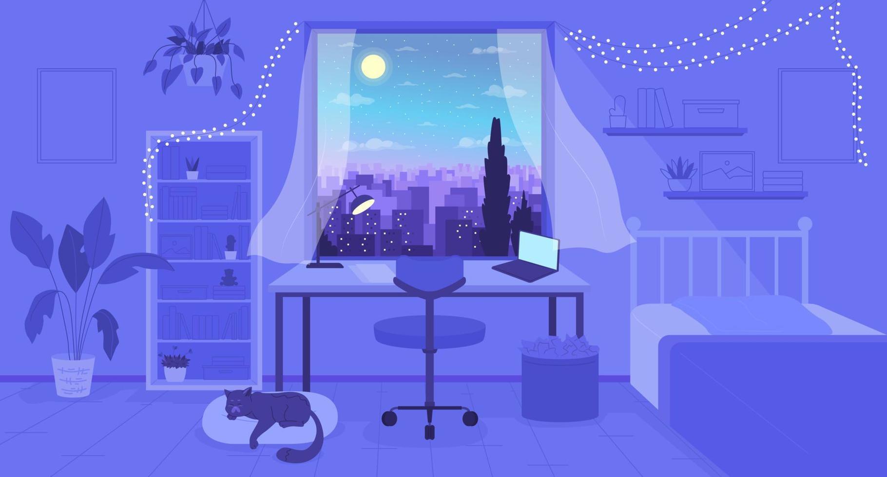 acogedor dormitorio con noche paisaje urbano ver en ventana plano color vector ilustración