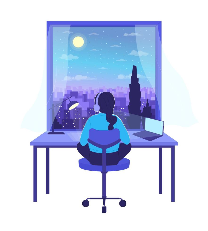 Girl studying at nighttime with lo-fi music semi flat color vector character. Editable figure. Full body person on white. Simple cartoon style spot illustration for web graphic design and animation