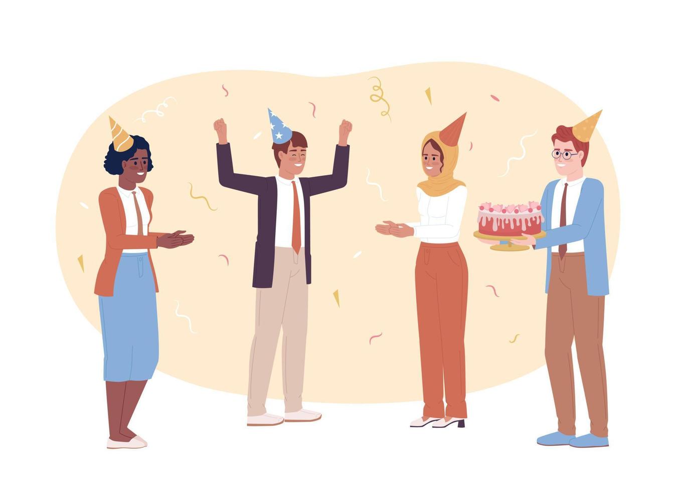 Team celebration 2D vector isolated spot illustration. Colleagues with cake celebrating coworker birthday flat characters on cartoon background. Colorful editable scene for mobile, website, magazine