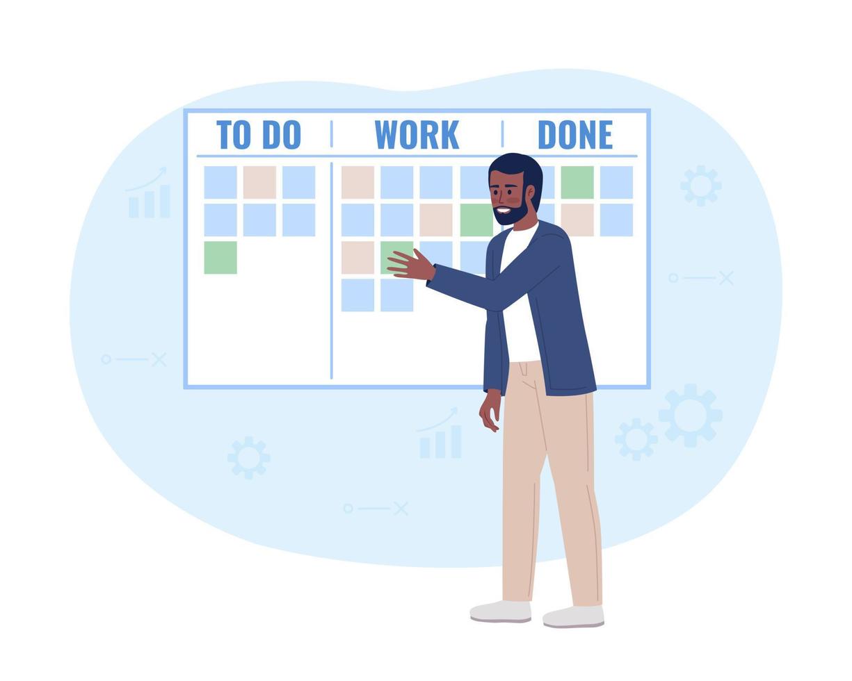 Project manager using scrum task board 2D vector isolated spot illustration. Supervisor flat character on cartoon background. Colorful editable scene for mobile, website, magazine
