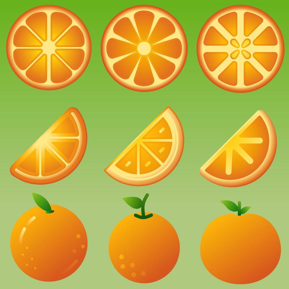 Oranges icon set. Vector illustration of orange for fruit and food design. Orange icon for design about vegan, vegetarian, healthy, diet, nutrition, and tropical. Fresh fruit for healthy lifestyle