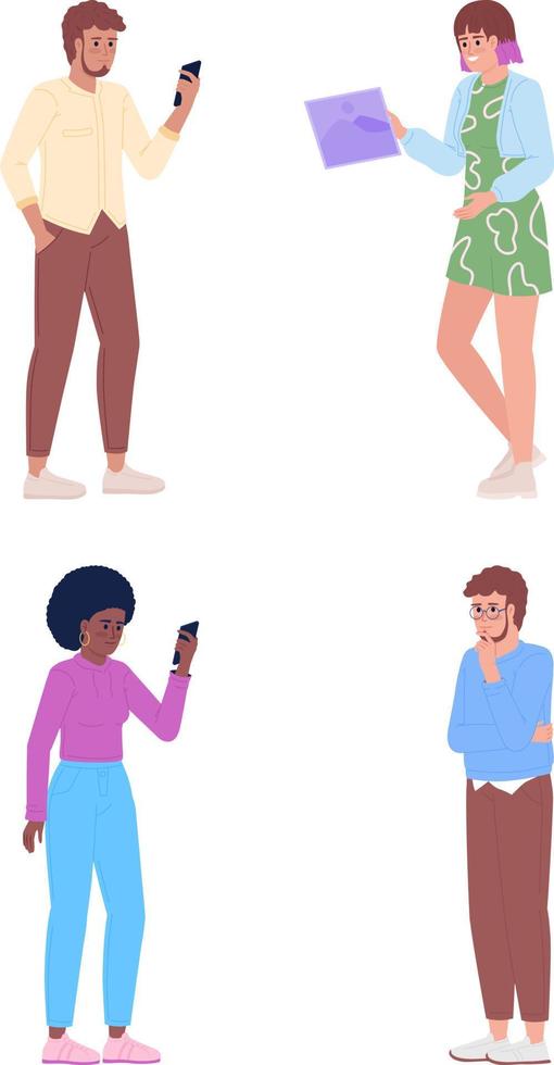 Mobile phone users and managers semi flat color vector characters set. Editable figures. Full body people on white. Simple cartoon style spot illustration pack for web graphic design and animation