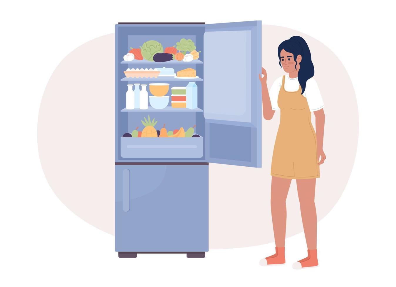 Keeping refrigerator full for energy efficiency 2D vector isolated spot illustration. Girl with appliance flat character on cartoon background. Colorful editable scene for mobile, website, magazine