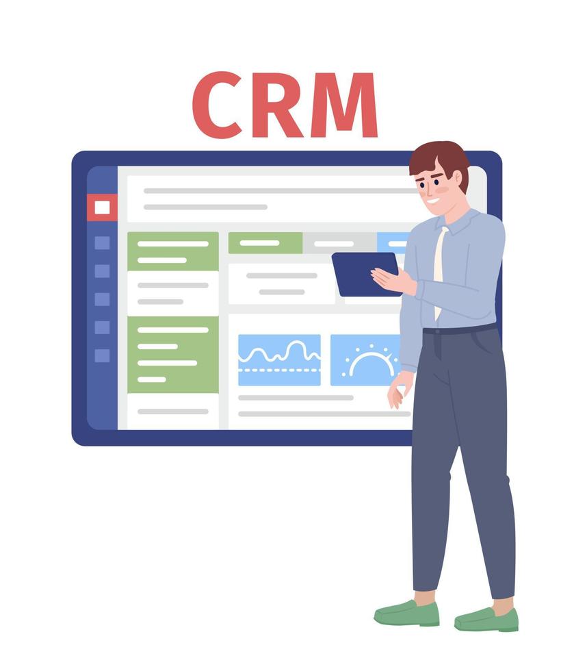 Salesman measuring CRM effectiveness flat concept vector spot illustration. Editable 2D cartoon character on white for web design. Creative idea for website, mobile app
