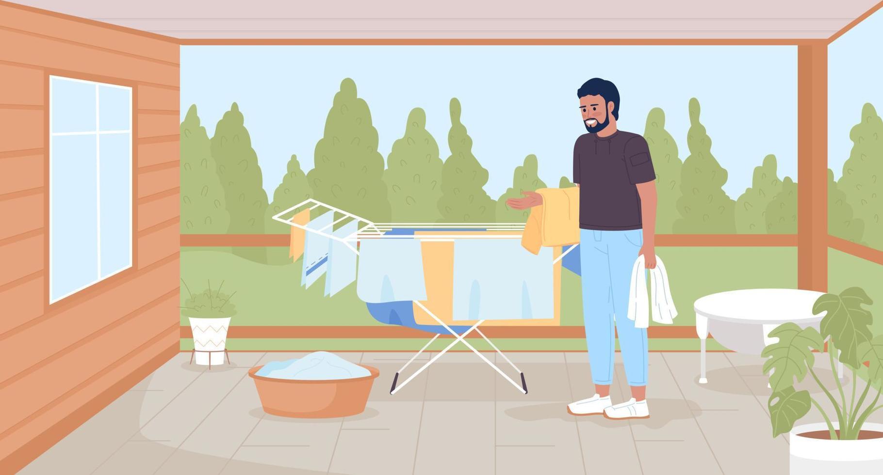 Drying clothes without dryer for energy saving flat color vector illustration. Man using rack for clean towels. Hero image. Fully editable 2D simple cartoon characters with back porch on background