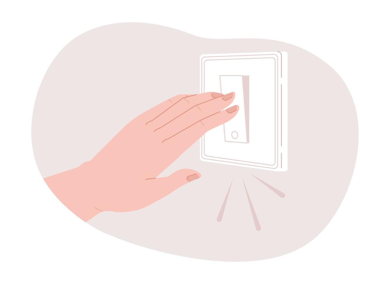 Turning off light switch to reduce electricity consumption 2D vector isolated spot illustration. Flat character hand on cartoon background. Colorful editable scene for mobile, website, magazine