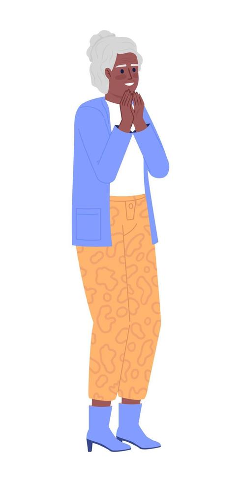 Excited elderly woman in stylish clothes semi flat color vector character