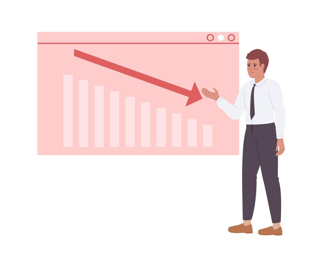 negocio analista representando ventas gráfico disminución en tablero plano concepto vector Mancha ilustración