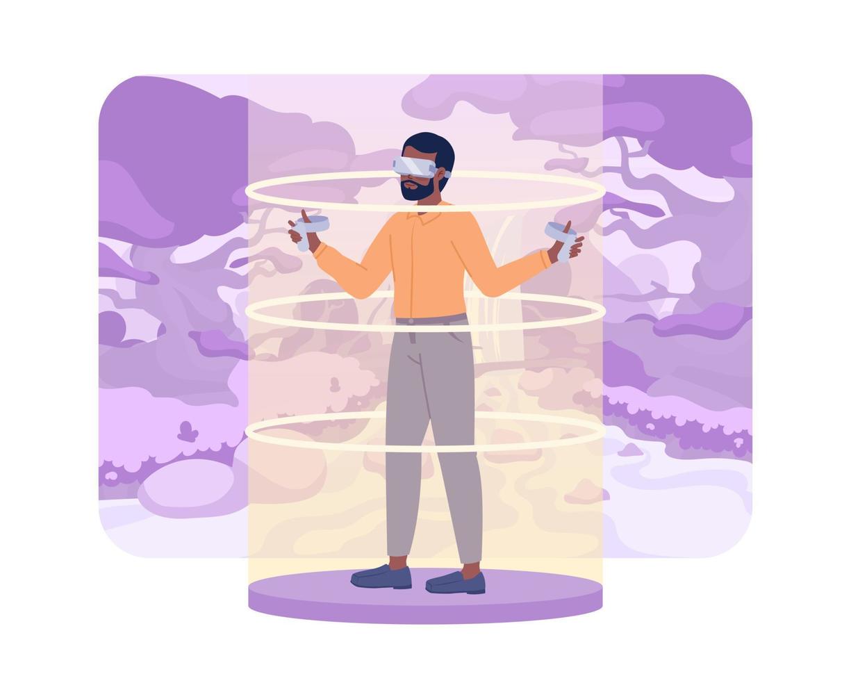 VR game player in purple magic forest 2D vector isolated spot illustration