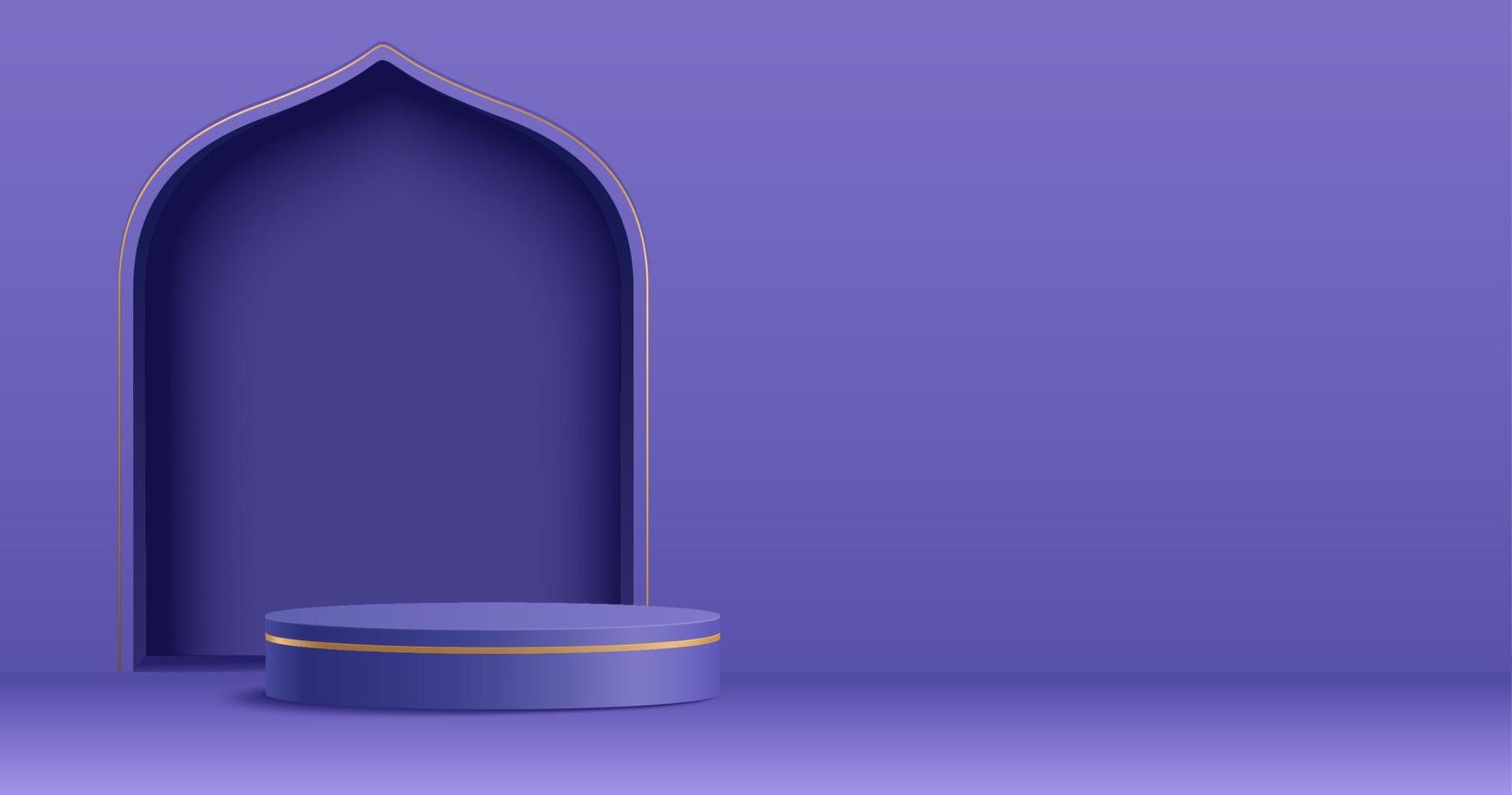 islam tema producto monitor antecedentes en 3d mínimo púrpura diseño. mezquita portal marco con podio y blanco espacio. vector