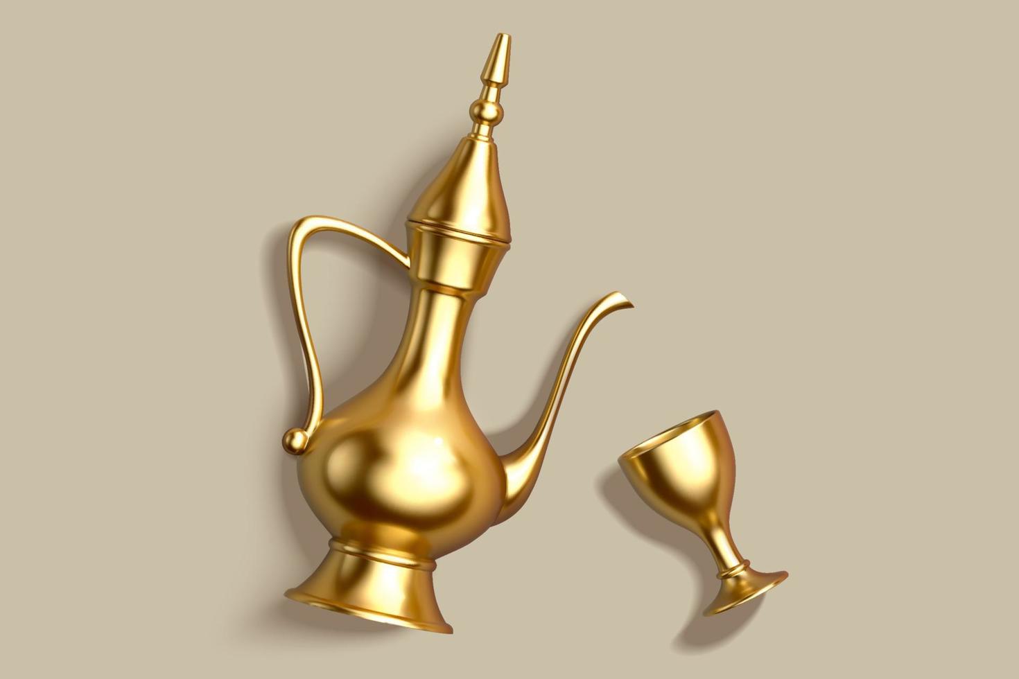 3d table top view illustration of glossy gold dallah aka Arabian coffee pot. Drink object element isolated on green background. vector