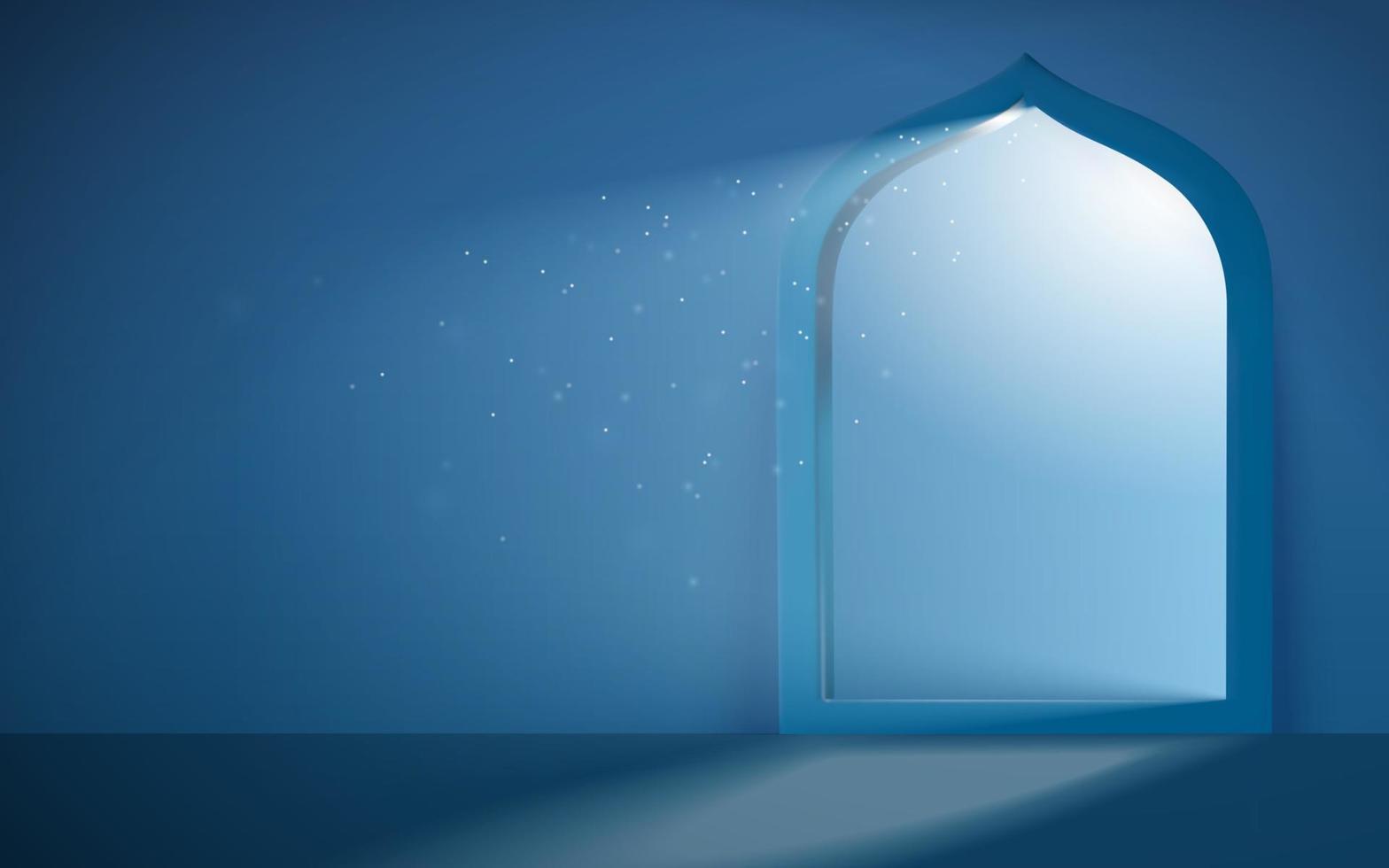 Islam theme background in 3d design. Silver moonlight shimmering through mosque portal. Concept of serene Ramadan evening. vector