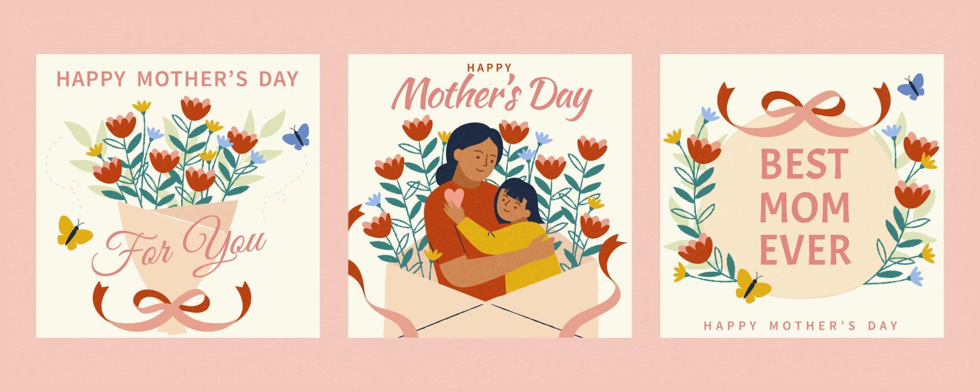 Set of Happy Mother's Day card template. Layout designed in warm doodle style. Background also suitable for birthday or women's day. vector