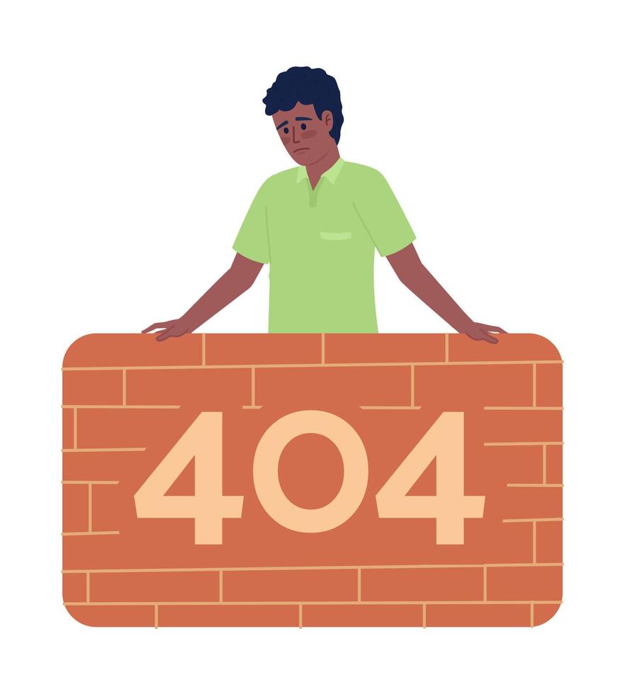 Sad man behind brick wall 404 page not found illustration. Guy flat vector 2D cartoon character on white. Editable error flash message for application, web UX, UI design