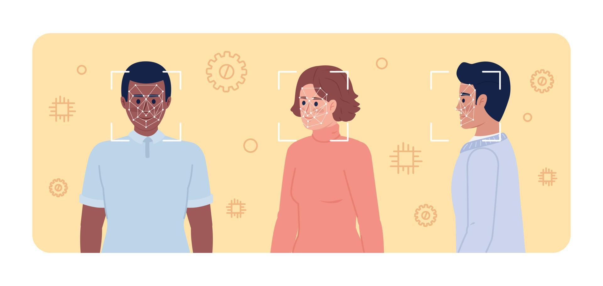 Public facial recognition 2D vector isolated spot illustration. Biometrics. Identifying personnel flat characters on cartoon background. Colorful editable scene for mobile, website, magazine