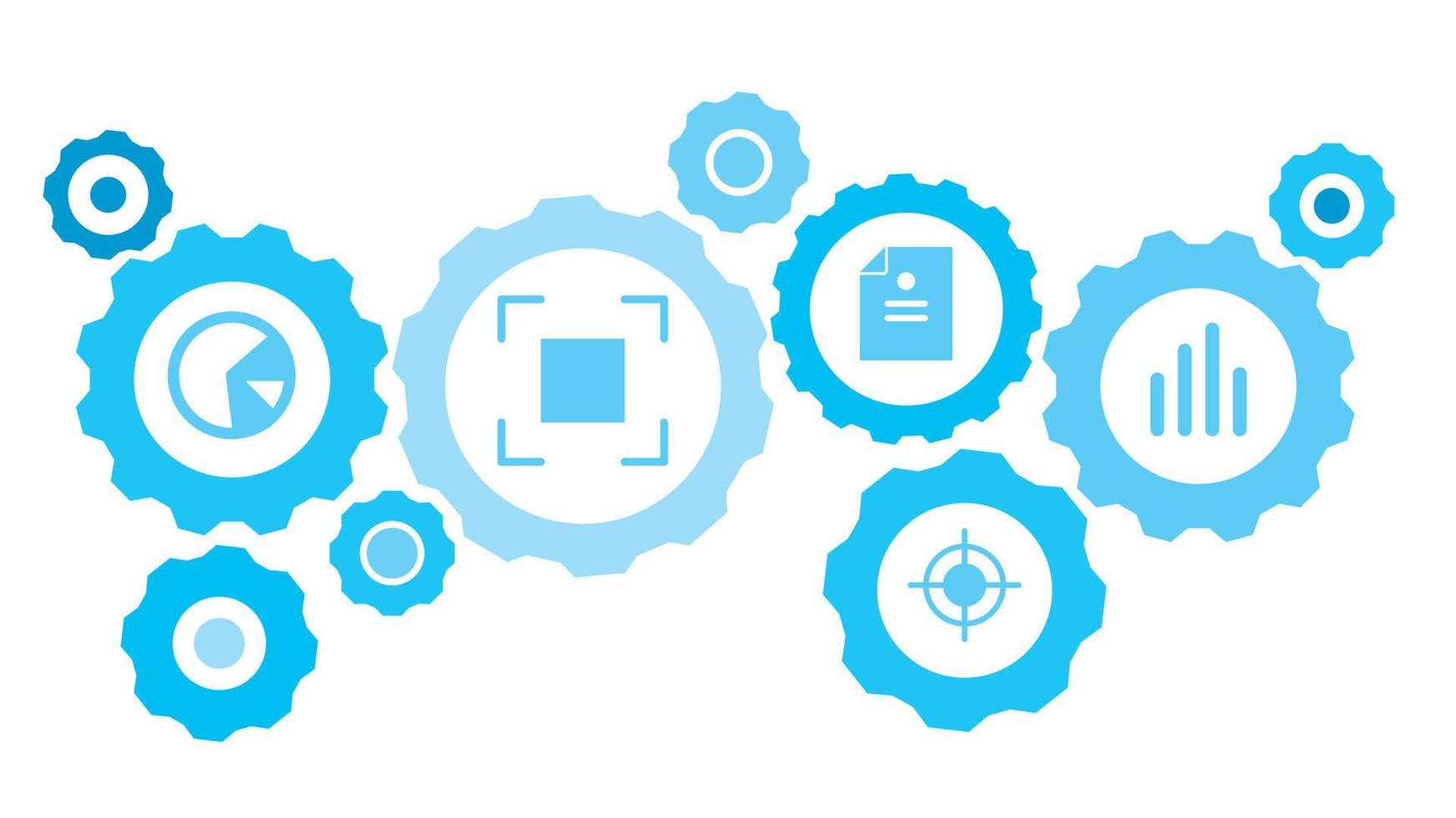 conectado engranajes y vector íconos para logístico, servicio, envío, distribución, transporte, mercado, comunicar conceptos. analítica, bar gráfico engranaje azul icono conjunto en blanco antecedentes