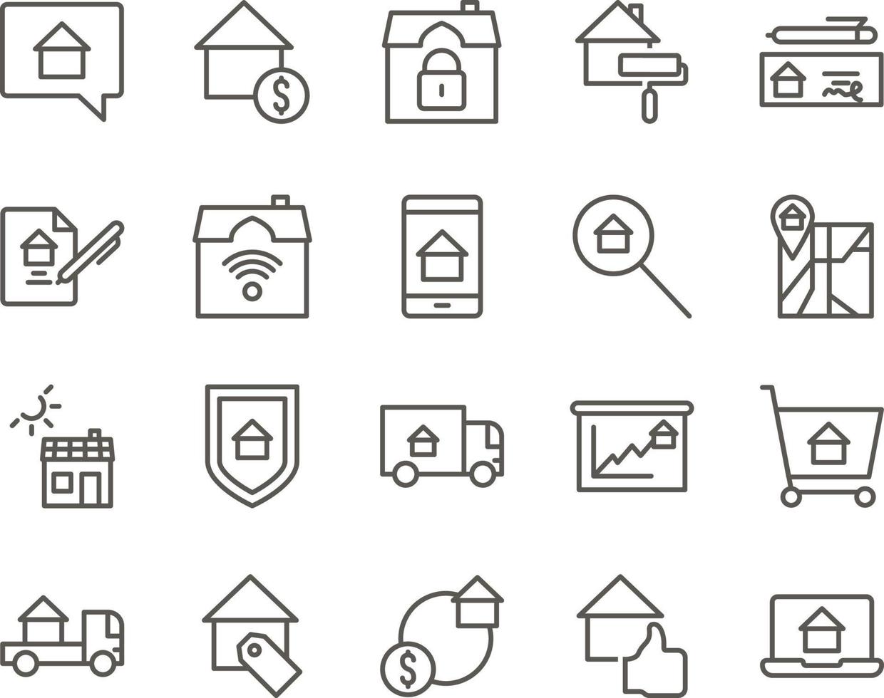 laptop, real, estate, webpage set vector icons. Real estate icon set. Simple Set of Real Estate Related Vector Line Icons. Contains such Icons as Map, Plan, Bedrooms on white background