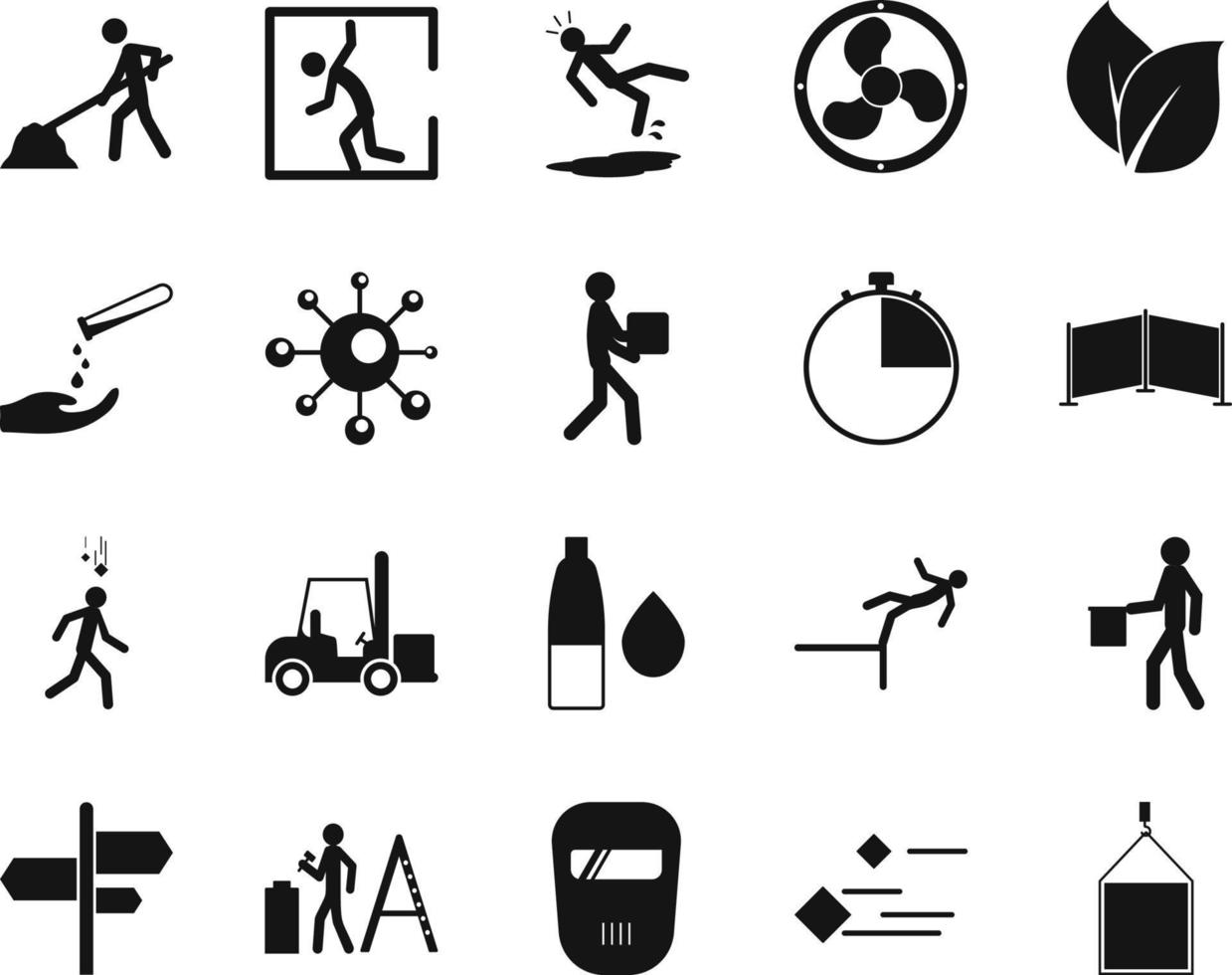 HSE concept, occupational safety and health lift, sonstruction material, production factory and environment, labor preventive instructions, worker protection vector icon set on white background