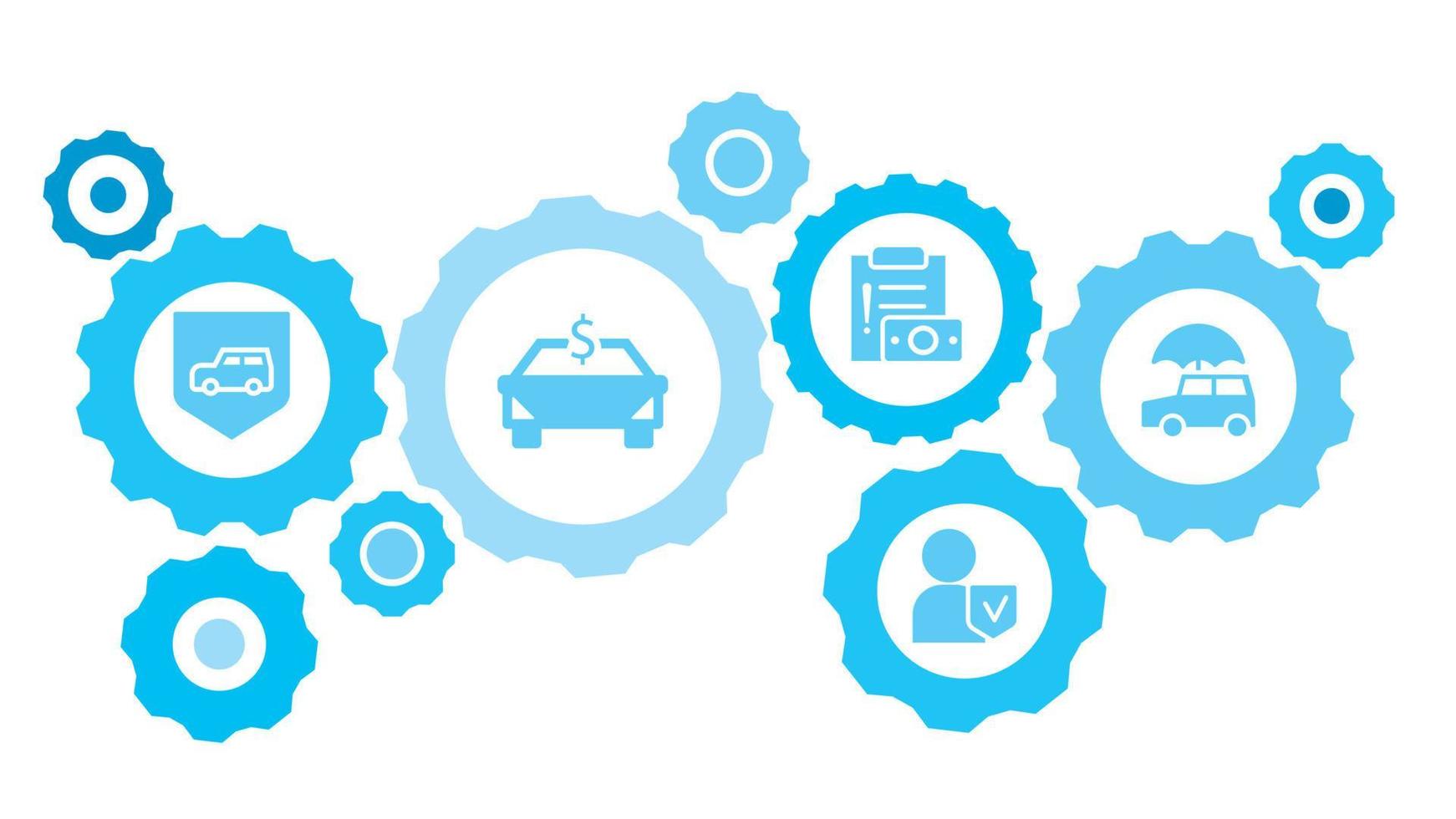 Connected gears and icons for logistic, service, shipping, distribution, transport, market, communicate concepts. Auto, car, insurance gear blue icon set on white background vector